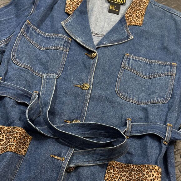 Ivana Trump Denim Jacket Womens 1X Blue Leopard Trimmed Belted Button Front - Picture 7 of 9